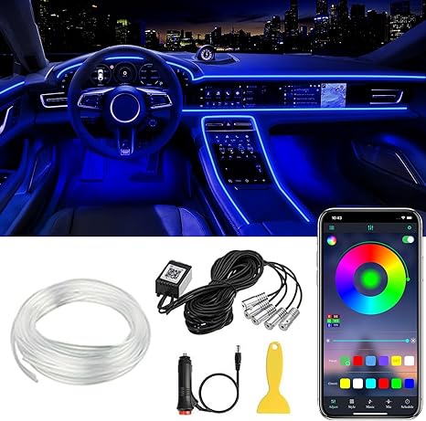 Luces LED en tira para interior de automóvil con control por APP, kit de iluminación ambiental RGB 5 en 1 de 16 millones de colores con fibra óptica de 236 pulgadas, modo música para decoraciones