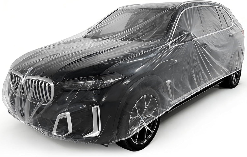 Funda desechable de plástico para coche Jibrelxion, paquete de 4 unidades, universal, transparente, para lluvia y polvo, con banda elástica, para uso en garajes interiores, sedanes y SUV, 3,65 m x 6,70 m.