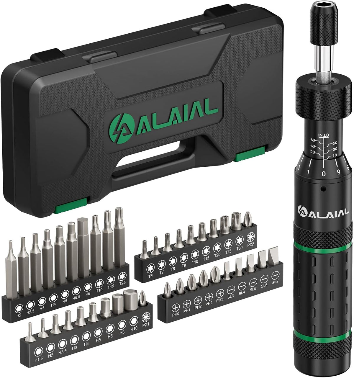 Juego de destornilladores dinamométricos ALAIAL de 10 a 60 in-lb, kit de destornillador dinamométrico ajustable en pulgadas-libras con puntas de acero S2 y estuche. Evita el apriete excesivo para la reparación de bicicletas, montaje de miras telescópicas