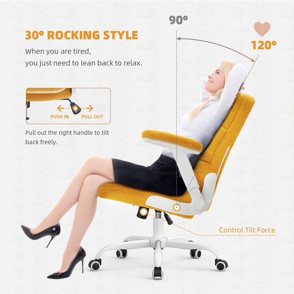 SEATZONE - Silla de oficina ergonómica de tela de terciopelo amarillo, con ruedas y brazos abatibles