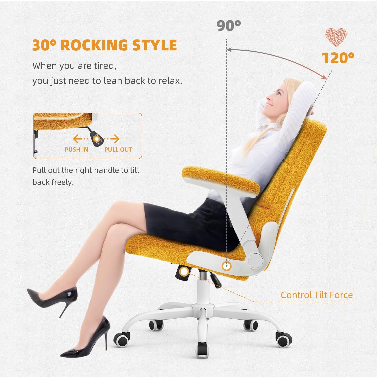 SEATZONE - Silla de oficina ergonómica de tela de terciopelo amarillo, con ruedas y brazos abatibles
