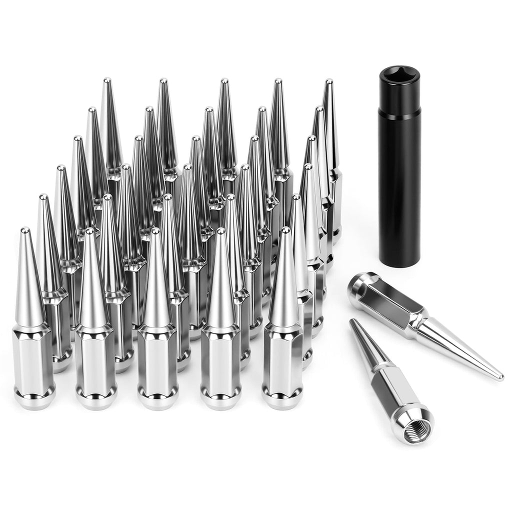 DYNOFIT 14mmx1.5 Spike Lug Nuts, 32PCS Chrome M14x1.5 Lug Nut, 4.4 inch Tall Closed End Nuts with 1 Socket Key Compatible with Chevy Silverado 1500 GMC Sierra 2500 3500,F250 F350 2003