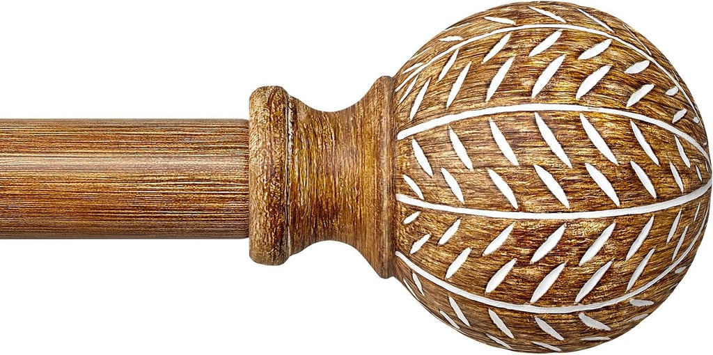 QDWIS Barras de Cortina de Madera para Ventanas 66 a 120 pulgadas | 1 pulgada de Diametro, Imitacion Madera con Finales de Hoja | Ajustables Servicio Pesado (Madera Natural)