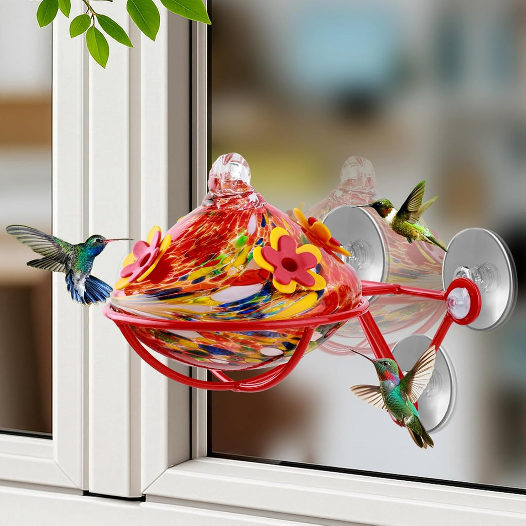 Comedero para colibríes de ventana - Comedero de vidrio soplado a mano con ventosas resistentes para montaje en ventana exterior (rojo)