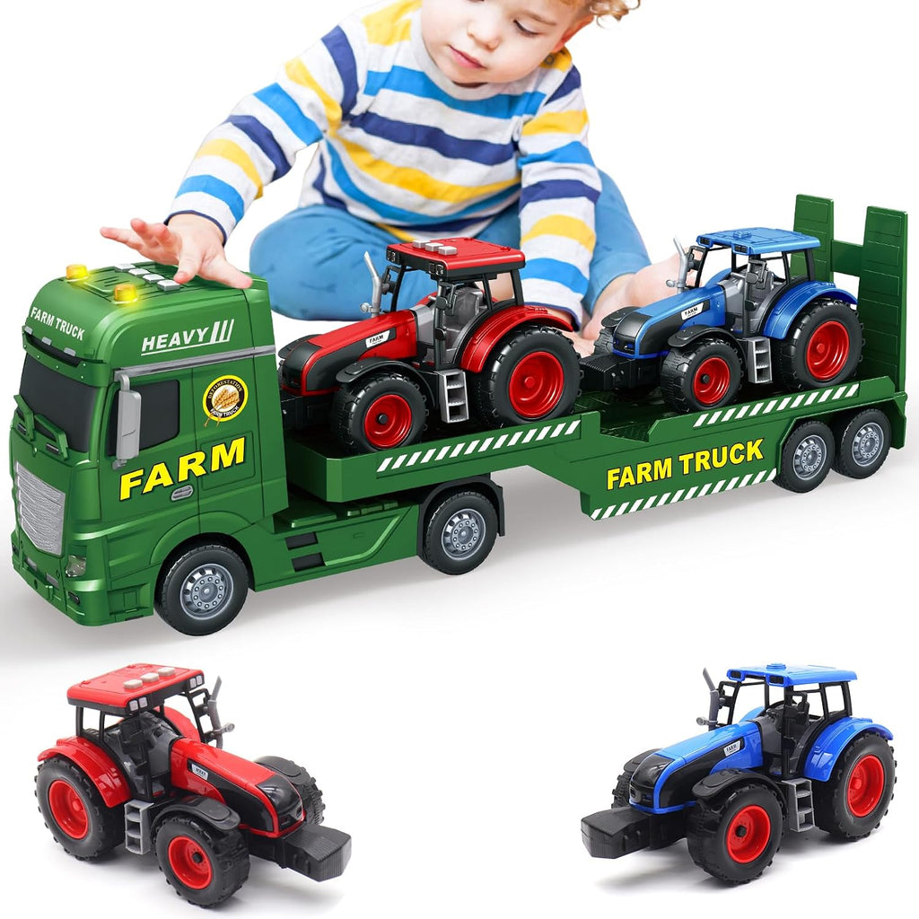 Camión Agrícola de Juguete 25.6" | Plataforma con 2 Tractores, Luz y Sonido, Fricción, Niños 3-8 Años