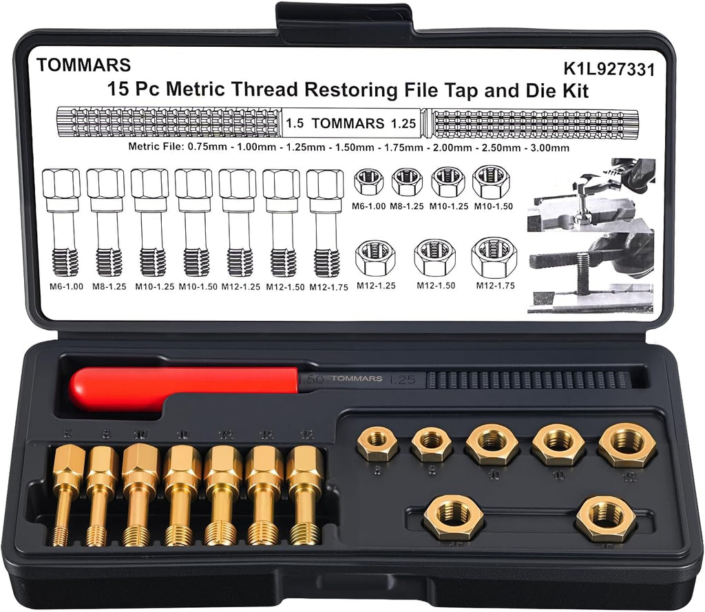Juego de 15 piezas de herramientas para roscar métricas TOMMARS, kit de reparación y restauración de roscas M6, M8, M10 y M12.