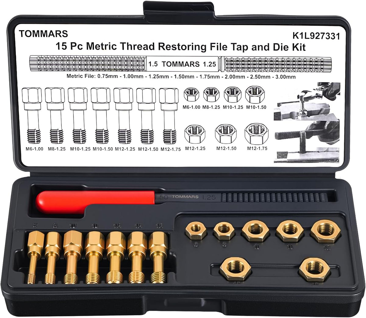 Juego de 15 piezas de herramientas para roscar métricas TOMMARS, kit de reparación y restauración de roscas M6, M8, M10 y M12.