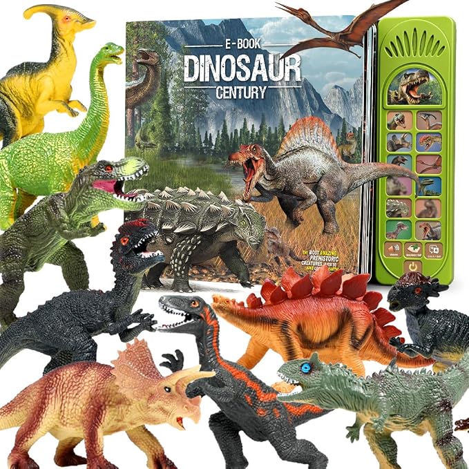 FRUSE Juguetes de dinosaurio para niños de 3 a 5 años, 12 figuras de dinosaurio con libro interactivo de sonido de dinosaurio, incluye rugidos realistas, historia, control de calidad, libro