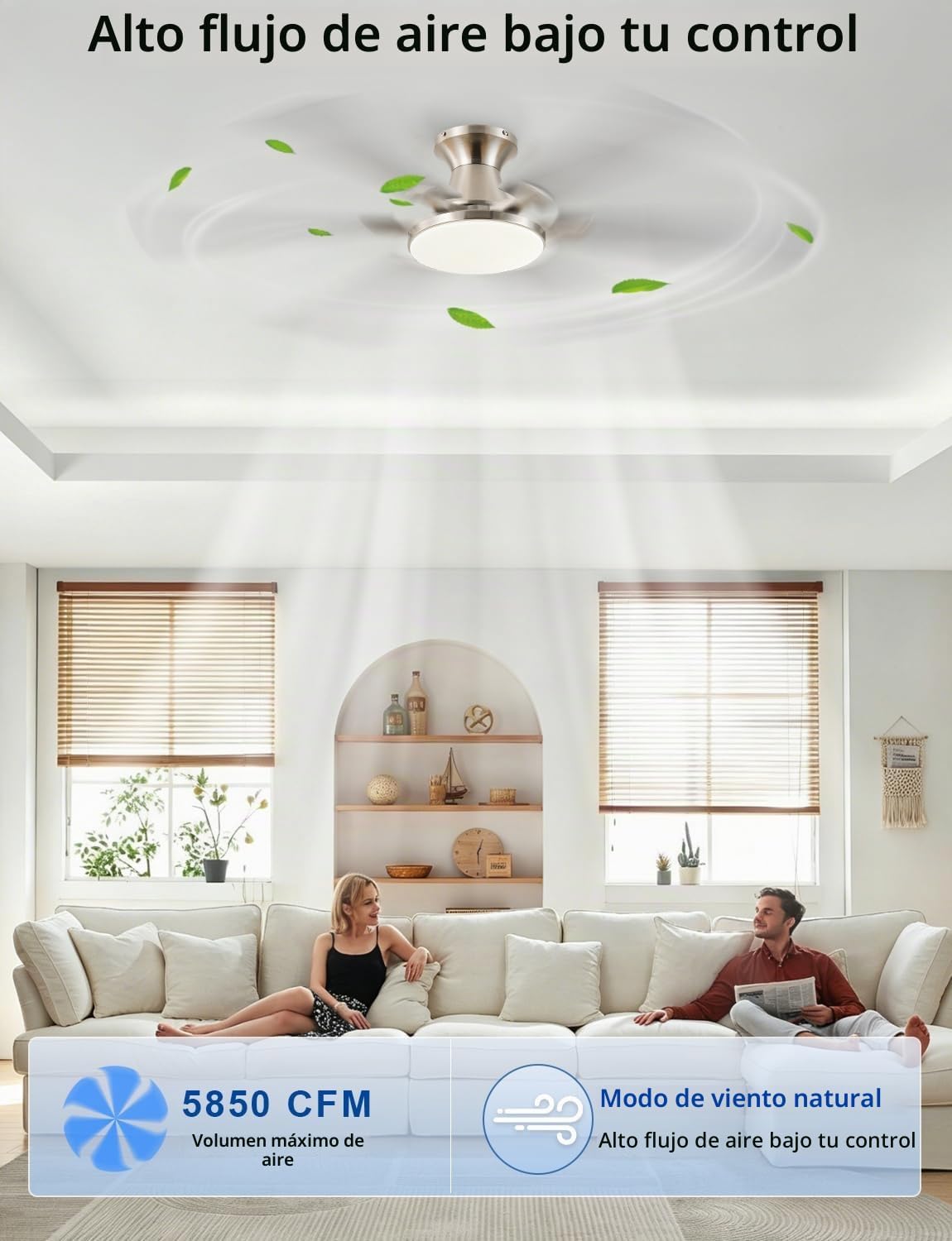 Ventilador de techo KNUN de 56" con acabado níquel e iluminación: control por aplicación y control remoto, motor DC reversible silencioso, aspas de doble cara de montaje empotrado, regulable en 3 colores, ventilador de techo inteligente de perfil bajo