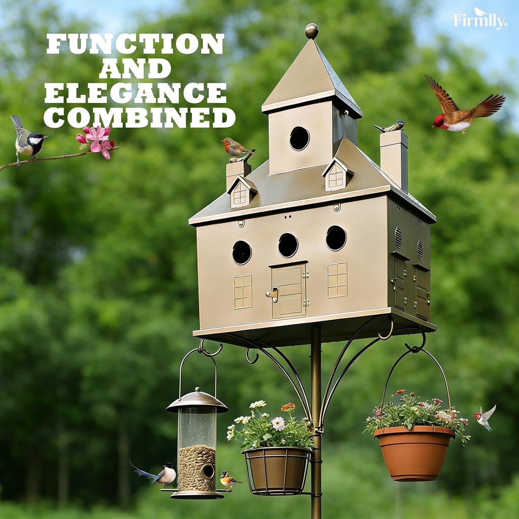 INCOMPLETO-Casita para pájaros de metal con poste, casita para pájaros tipo castillo de 7 habitaciones para jardín exterior.