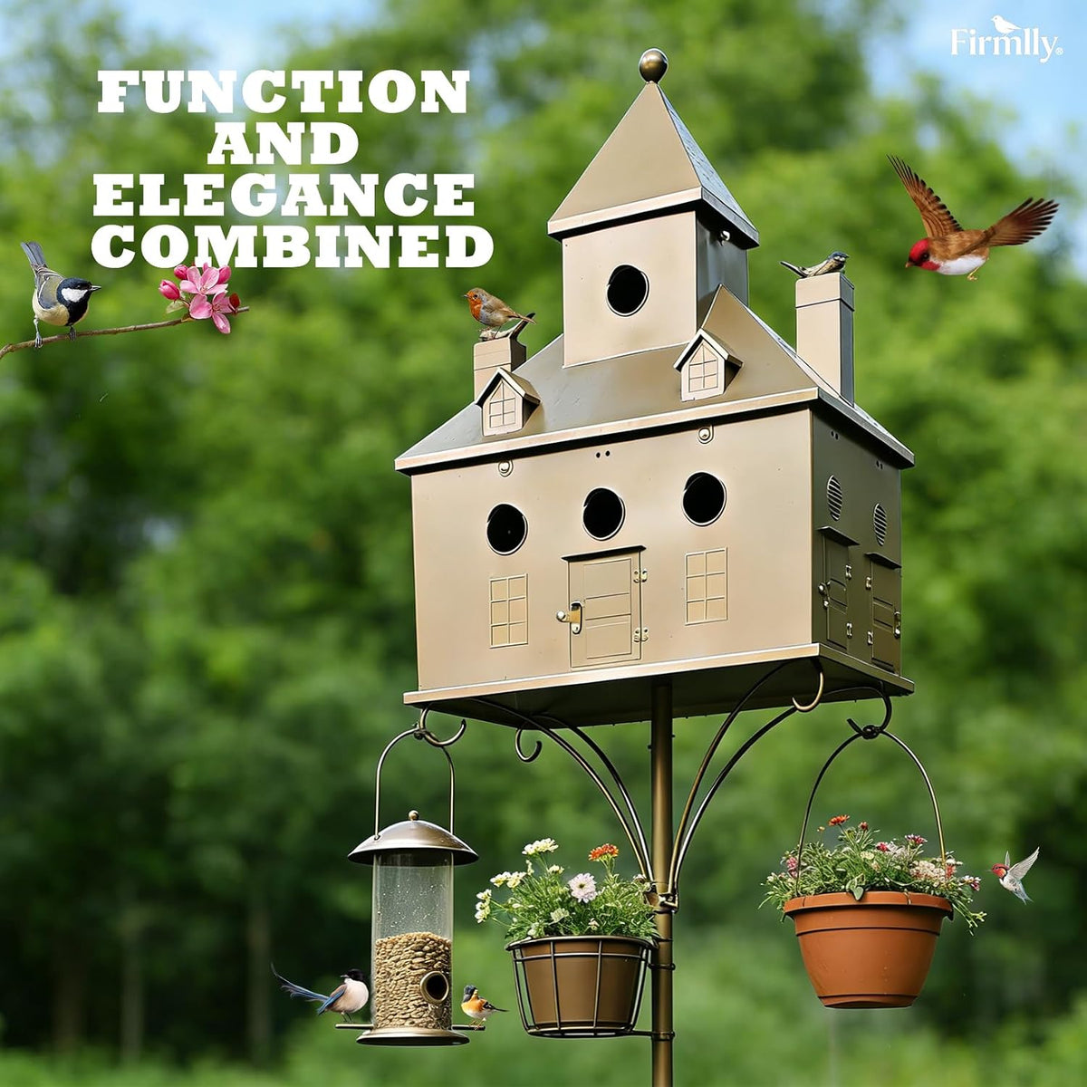 INCOMPLETO-Casita para pájaros de metal con poste, casita para pájaros tipo castillo de 7 habitaciones para jardín exterior.