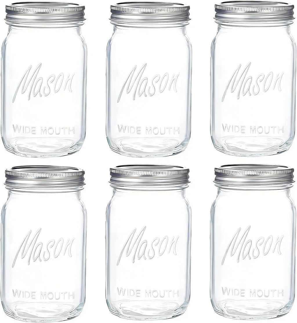 Tarros de cristal de boca ancha WELLIFE, paquete de 6 tarros de cristal de 946 ml (32 oz) para encurtidos, conservas, fermentación y almacenamiento de alimentos. Aptos para microondas y lavavajillas.