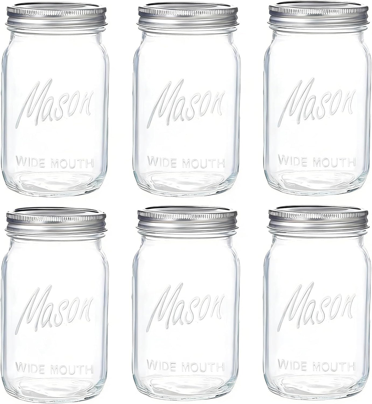 Tarros de cristal de boca ancha WELLIFE, paquete de 6 tarros de cristal de 946 ml (32 oz) para encurtidos, conservas, fermentación y almacenamiento de alimentos. Aptos para microondas y lavavajillas.