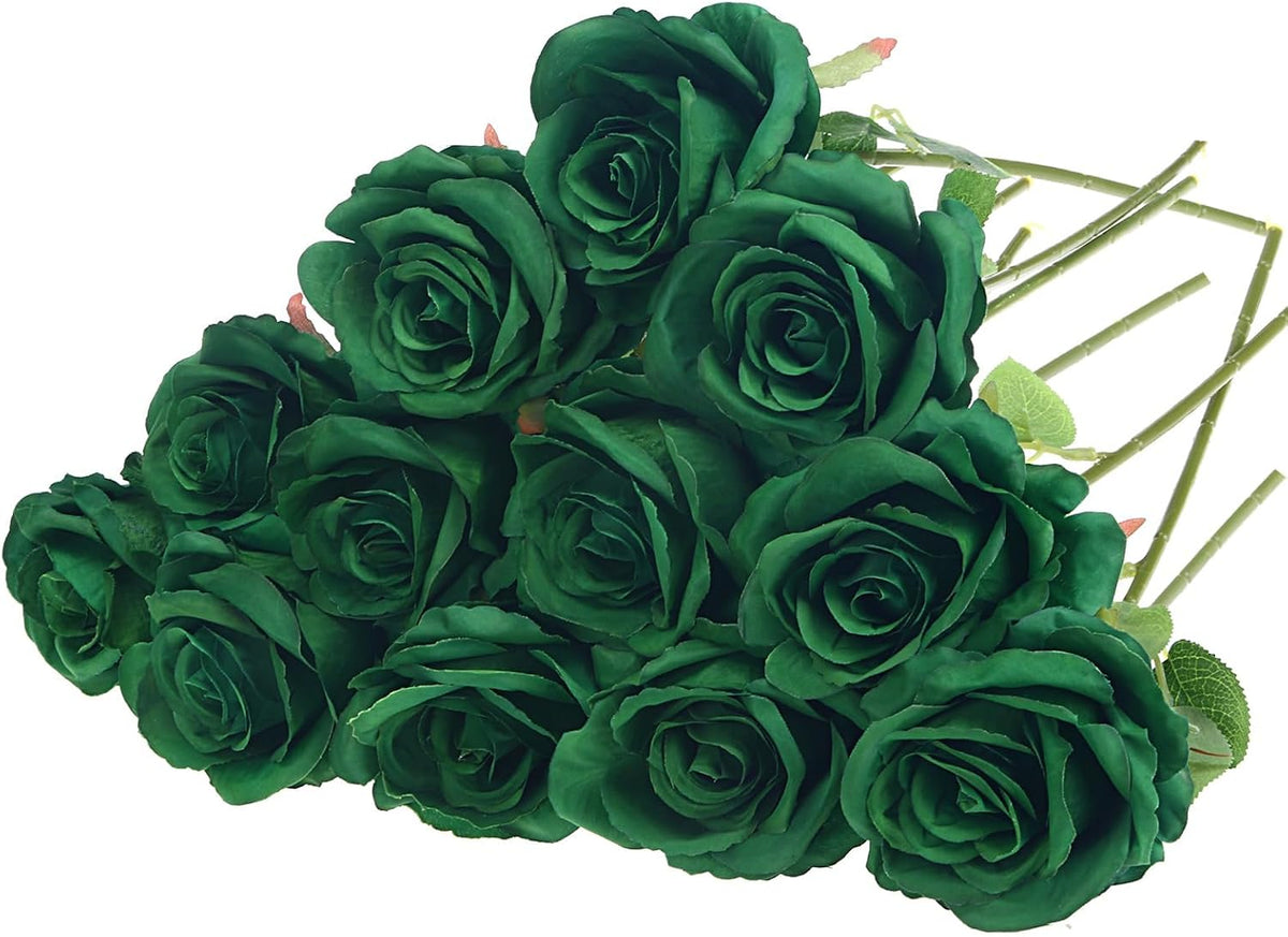 Felice Arts 12 Rosas Verdes Artificiales con Tallo | Rosas de Seda para Jarrón, Ramo de Flores Falsas para San Patricio, Boda, Mesa y Decoración Navideña