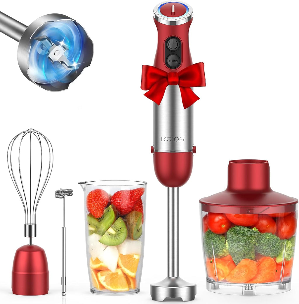 Batidora de mano KOIOS 5 en 1, 1000 W, 12 velocidades, motor de cobre, cuchilla de acero inoxidable, vaso mezclador de 600 ml, procesador de alimentos de 500 ml, batidor, espumador de leche, sin BPA, color rojo. 