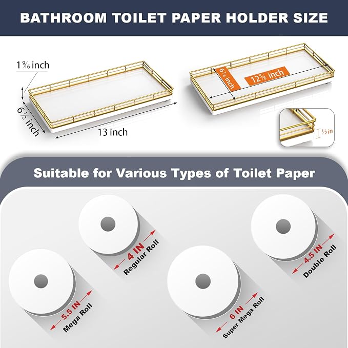 Bandeja para tanque de inodoro de baño, bandeja de almacenamiento de papel higiénico de madera de 13 pulgadas, bandeja trasera del organizador de cesta de inodoro, bandeja de tocador para decoración de velas de maquillaje, perfume, color dorado y blanco