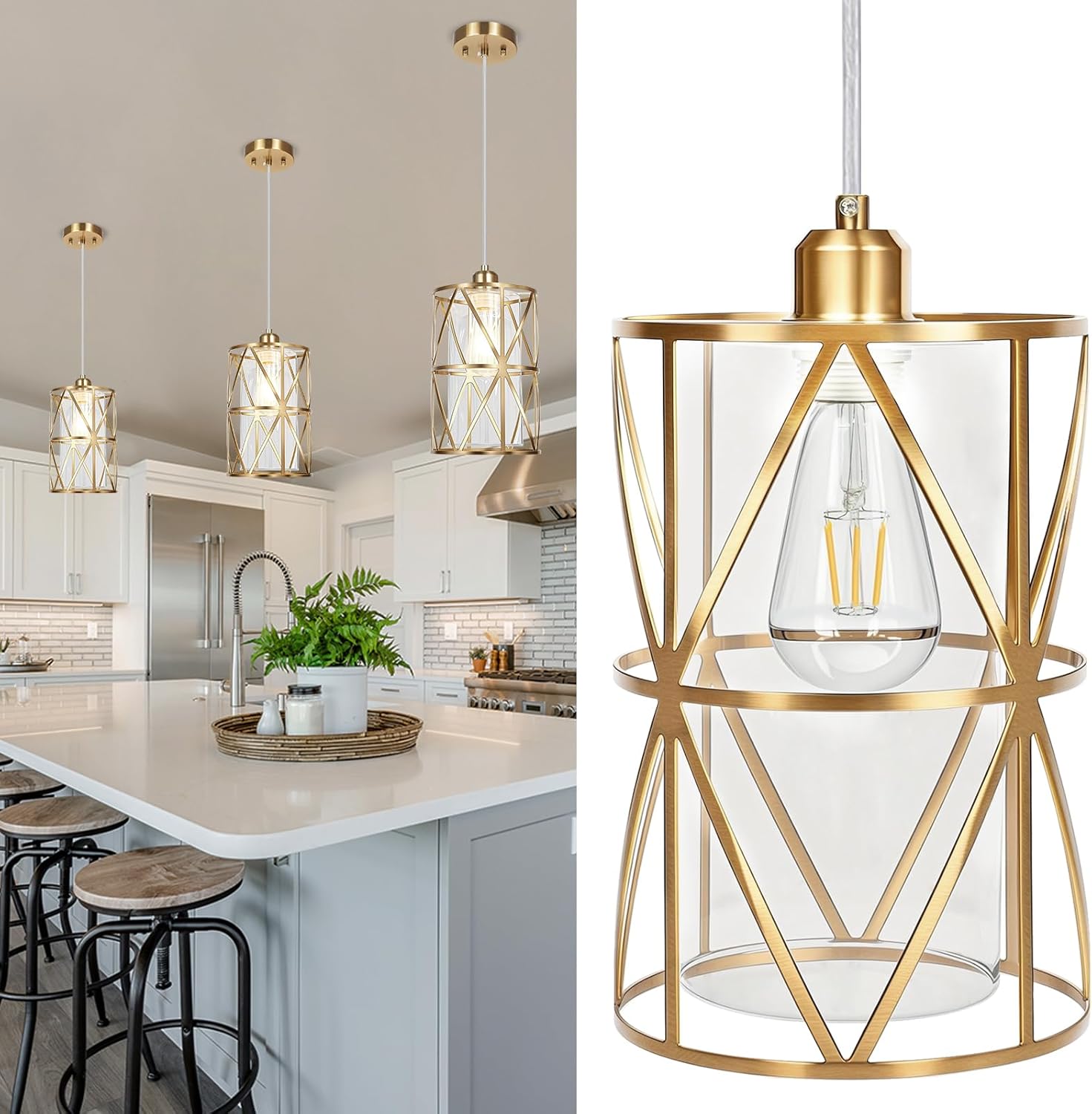 7"x10" Brushed Gold Pendant Light - Modern Kitchen Island Lighting with Clear Glass Shade for Foyer, Dining Room, Entryway