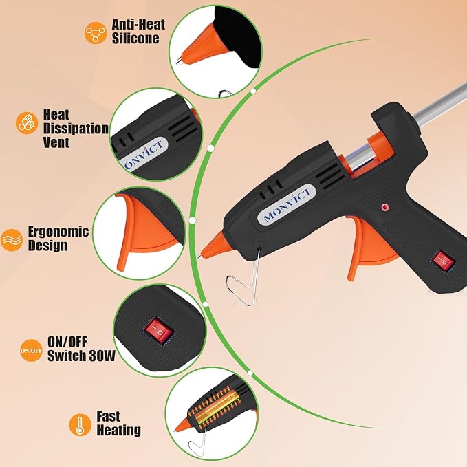 MONVICT Kit de mini pistola de pegamento caliente de 30 W, pistola de pegamento de precalentamiento rápido con estuche de almacenamiento, 20 barras de pegamento premium, 10 palitos de madera