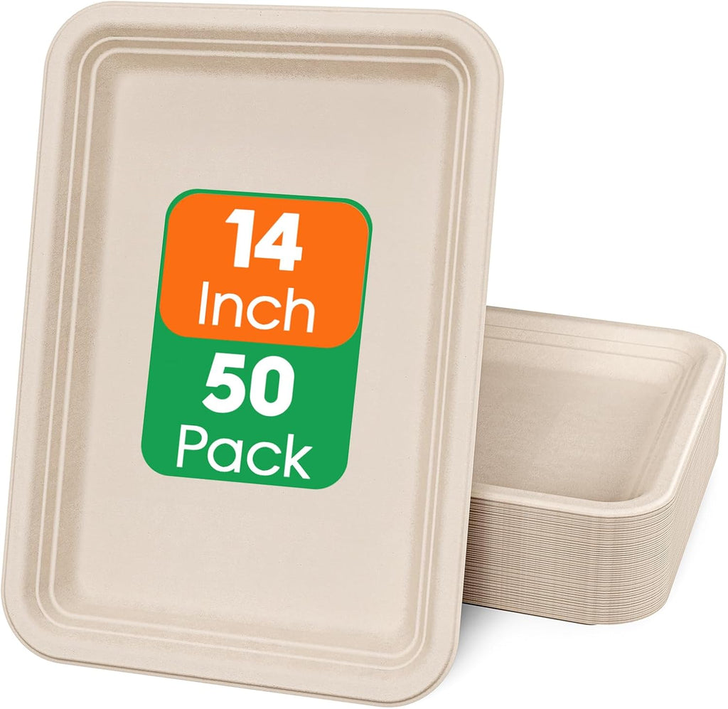 ECOLipak Bandejas Desechables para Comida 14 Pulgadas | Paquete de 50 | Platos de Papel Compostables Grandes | Ideal para Mariscada, Pavo y BBQ | Color Natural