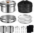 Juego de utensilios de cocina para acampar al aire libre de 13 piezas, olla ligera con tenedor, cuchara, tazas y plato de acero inoxidable, perfecto para viajes de campamento y escalada.