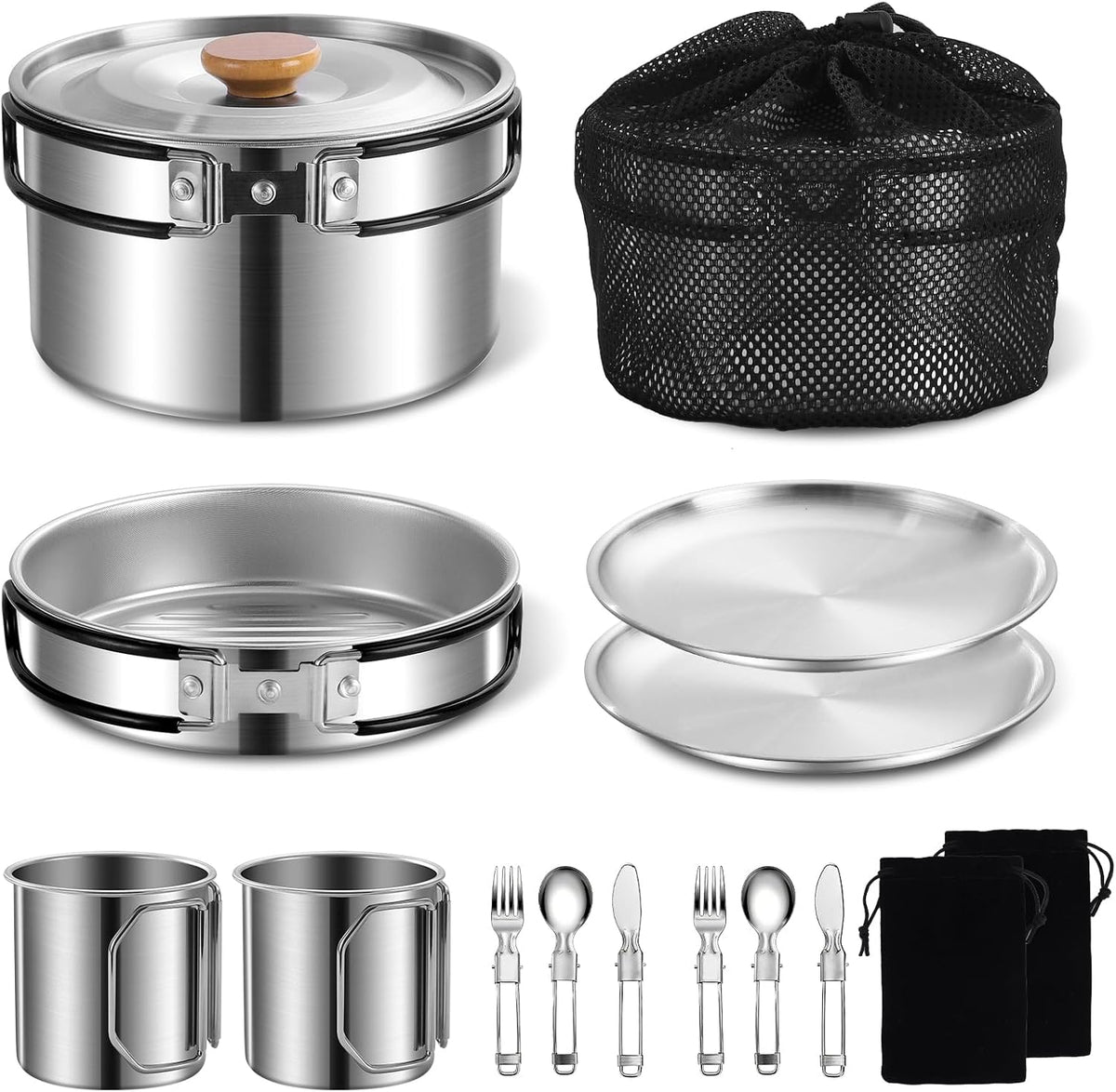 Juego de utensilios de cocina para acampar al aire libre de 13 piezas, olla ligera con tenedor, cuchara, tazas y plato de acero inoxidable, perfecto para viajes de campamento y escalada.