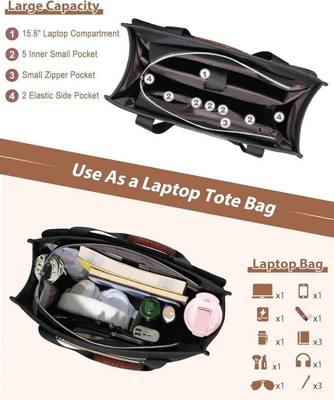 Bolsa de almuerzo para mujer, bolsa de trabajo para laptop de 15.6 pulgadas con compartimento aislado para el almuerzo, bolsa acolchada de gran capacidad para computadora, lonchera a prueba de fugas para mujeres adultas, color negro