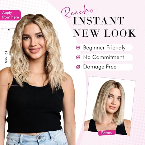 Extensions de Cabello con Clip REECHO 14" – Ondas Playeras Cortas con Encaje Invisible, Rubio Oscuro con Puntas Claras