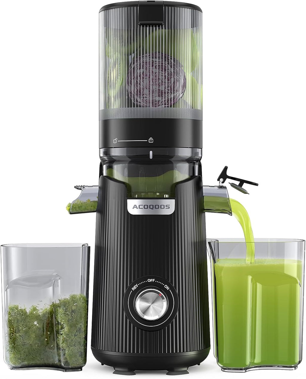 Exprimidores ACOQOOS, Tolva de 5.3" de ancho para frutas y verduras enteras, 1.8 L, Alimentación automática, Ahorro de tiempo, Masticación lenta, Alto rendimiento, Fácil de limpiar, Exprimidor de prensado en frío con 2 tazas 