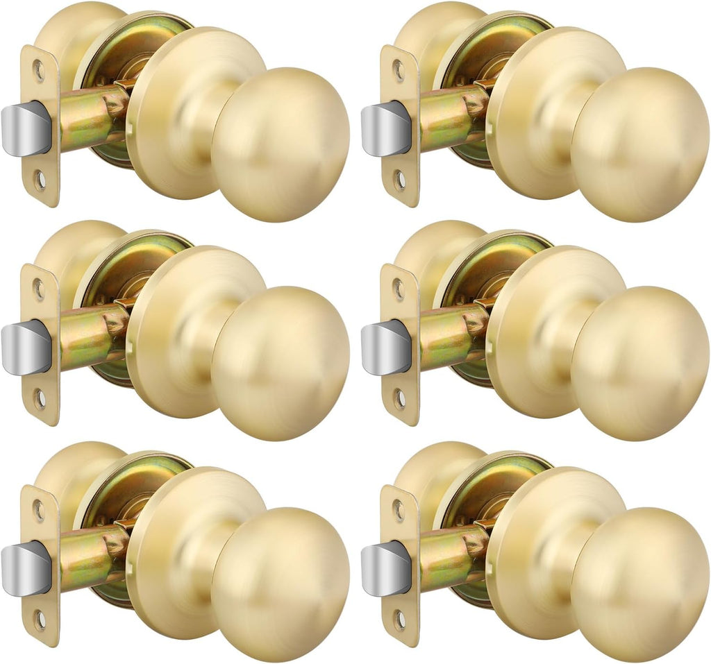 Perillas de Puerta Goldenwarm Dorado | Perillas de Paso para Closet y Pasillo | Oro Cepillado sin Cerradura | Paquete de 6