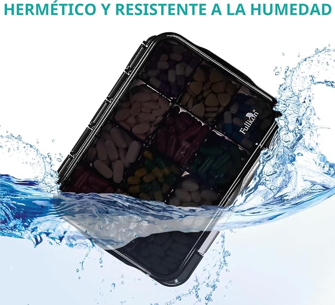 Fullicon Daily Travel Pastillero a Prueba de Humedad con 12 Compartimentos Extra Grandes, Organizador de Pastillas con 3 Hebillas Seguras, Caja Grande de Suplementos para Vitaminas con Divisores