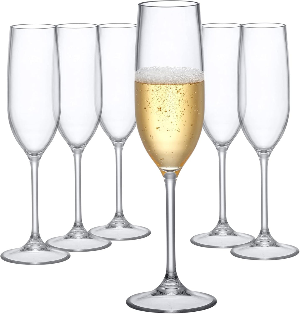Amazing Abby - Crystal - 8-Ounce Unbreakable Tritan Champagne Flutes (Set of 6), Plastic Wine Glasses, Reusable, BPA-Free, Dishwasher-Safe, Perfect for Poolside, Outdoors, Camping, Picnic, and More