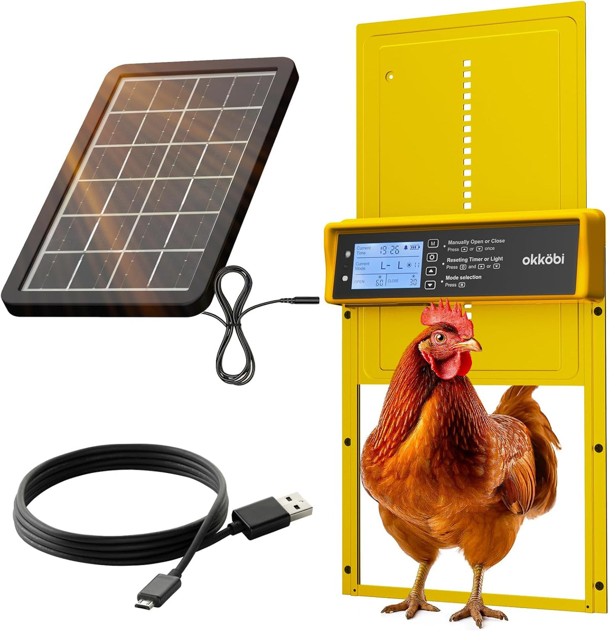 Puerta automática para gallinero Okkobi con energía solar, pantalla LCD, control remoto, sensor de luz y temporizador, función anti-pellizco para seguridad