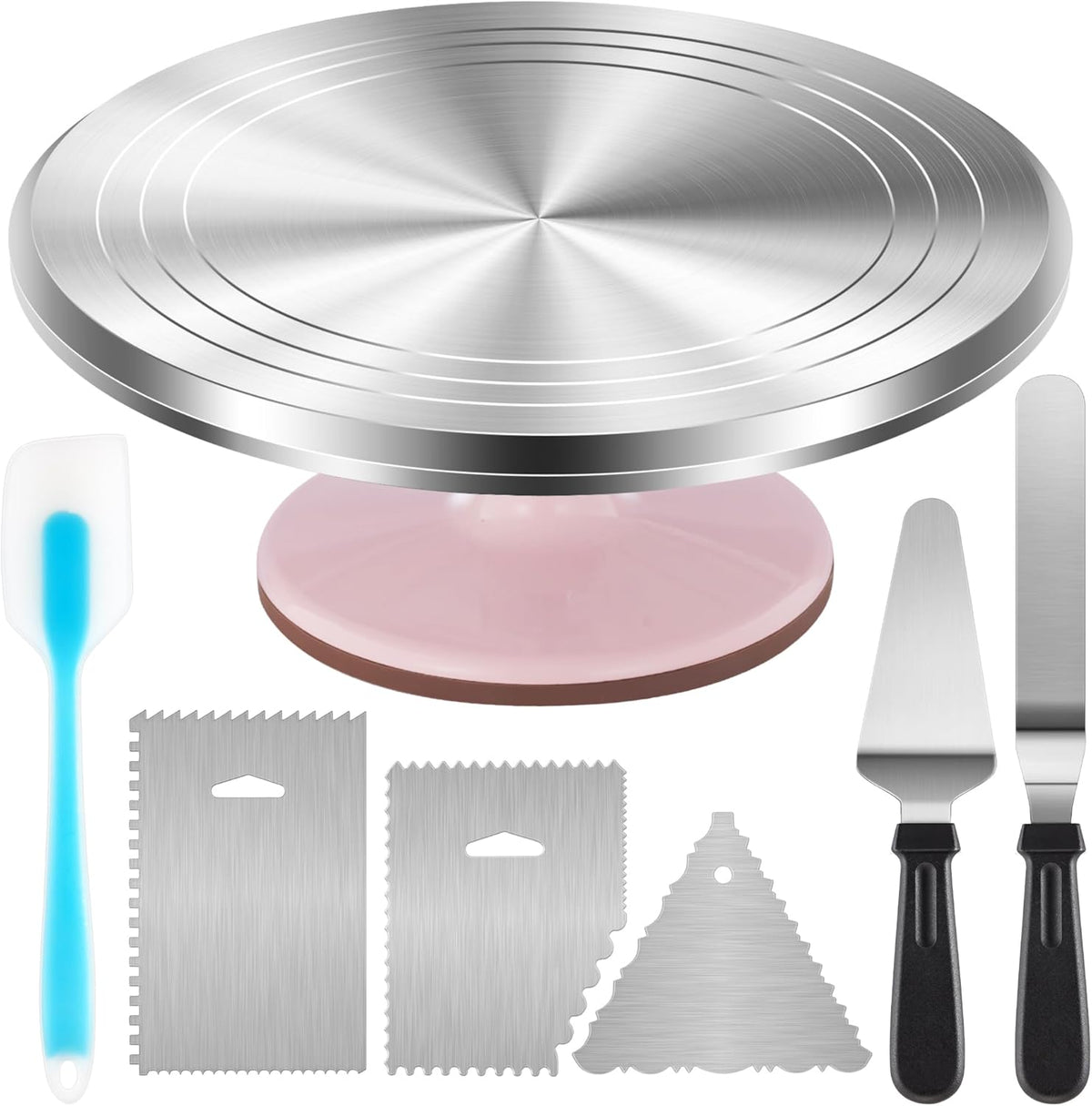 USADO Y SOLO SE INCLUYE LA BASE GIRATORIA-Set de Base Giratoria Kootek de Aluminio para Decorar Pasteles | Base de 12 Pulgadas, Espátula de 12.7 Pulgadas y 3 Alisadores de Acero Inoxidable