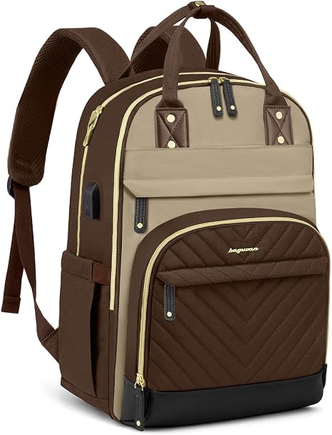 Mochila para laptop para mujer, bolsa de trabajo, mochila de viaje de 15.6 pulgadas con cargador USB, bolsa de libros universitaria, impermeable, linda, casual, mochila de moda para profesores, enfermeras, marrón, caqui