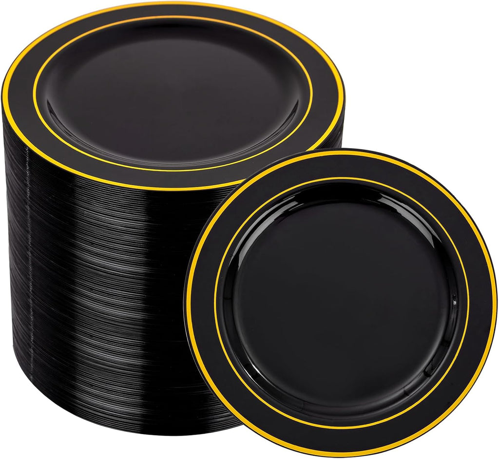 bUCLA 100PCS Black and Gold Plastic Plates - 6.25 inch Black Gold Premium Hard Disposable Dessert/Salad/Appetizer/Small Cake Plates for Party, Graduation & New year