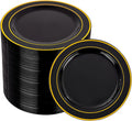 bUCLA 100PCS Black and Gold Plastic Plates - 6.25 inch Black Gold Premium Hard Disposable Dessert/Salad/Appetizer/Small Cake Plates for Party, Graduation & New year