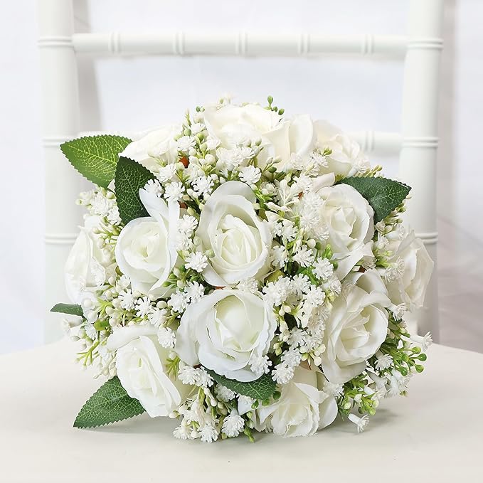 Ramos de novia artificiales de 5 piezas para boda - Ramos de flores blancas de 7 pulgadas para damas de honor, ramo de rosas falsas y gypsophila, ramo floral rústico pequeño, falso, bohemio