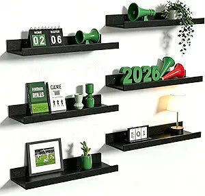 upsimples – Set 6 Repisas Flotantes de Pared | Madera Montada en Pared | Para Decoración y Almacenamiento | Dormitorio, Sala, Baño y Cocina | Color Negro