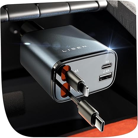 LISEN - Cargador retráctil para automóvil, adaptador de cargador de automóvil USB C de 69 W, carga rápida para iPhone 16, 15, 14, 13, 12, Samsung, gris