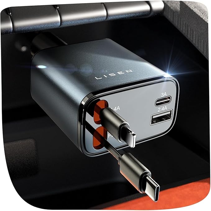 LISEN - Cargador retráctil para automóvil, adaptador de cargador de automóvil USB C de 69 W, carga rápida para iPhone 16, 15, 14, 13, 12, Samsung