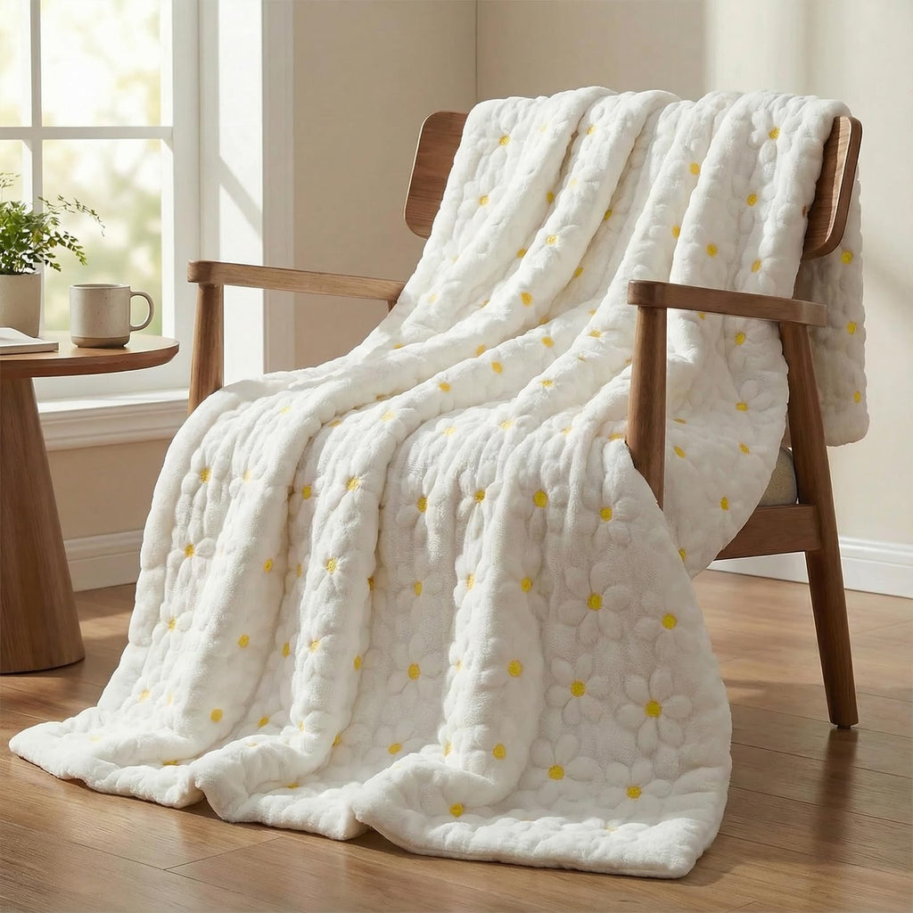 Horaldaily Manta Ligera de Primavera Verano | Margaritas Blancas, Felpa Suave Faux Fur | Cobija Acogedora para Sofá y Cama | 127x152 cm