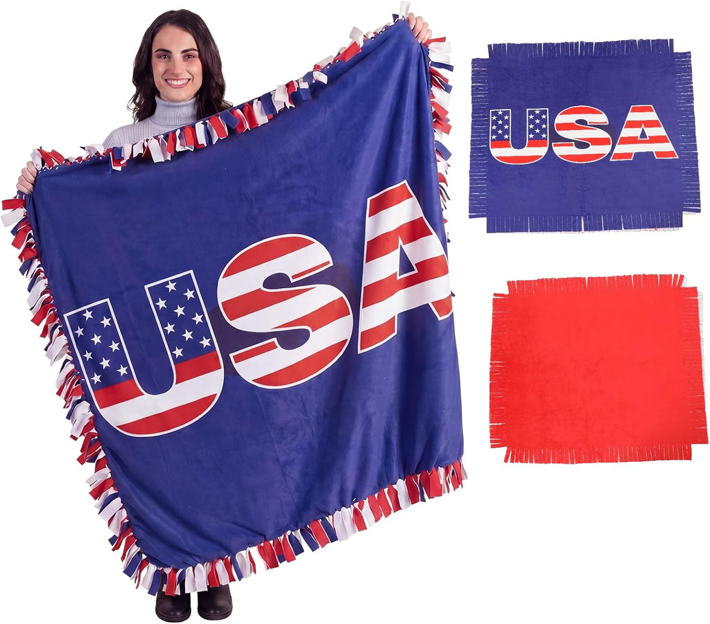 Chumia Kit de 2 Mantas Patrióticas con Nudos DIY – Forro Polar 57x57", Rojo, Blanco y Azul