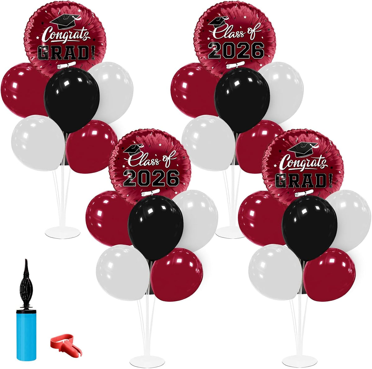 Decoraciones Graduación - 4 Set Bases Globos, Clase 2026 Felicidades Graduado Centros Mesa Fiesta Graduación Granate Negro