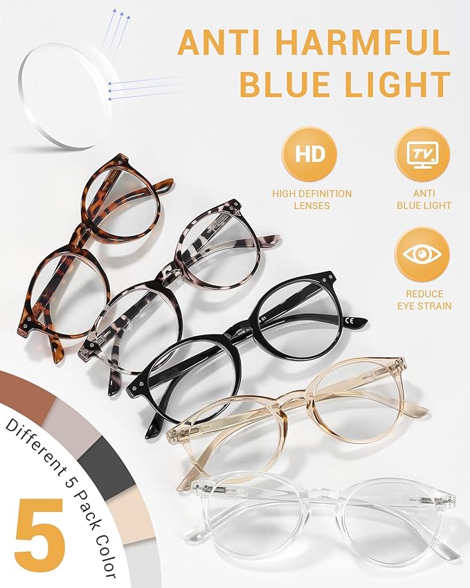 JOLISU Paquete de 5 lentes de lectura para mujeres/hombres, bloqueo de luz azul, lector de computadora con marco redondo, lentes transparentes retro (1.5)