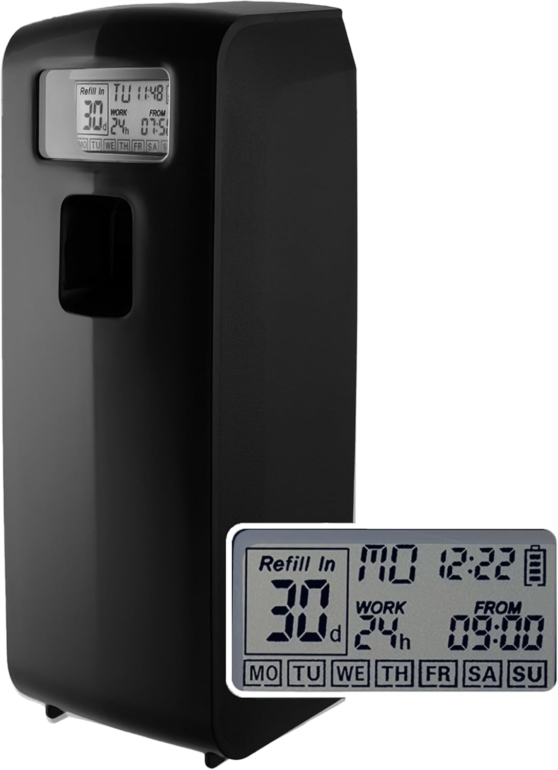 Dispensador Automático de Ambientador Programable – Pantalla LCD Negro, Programable por Día, Hora y Frecuencia, con Cuenta Regresiva para Recarga