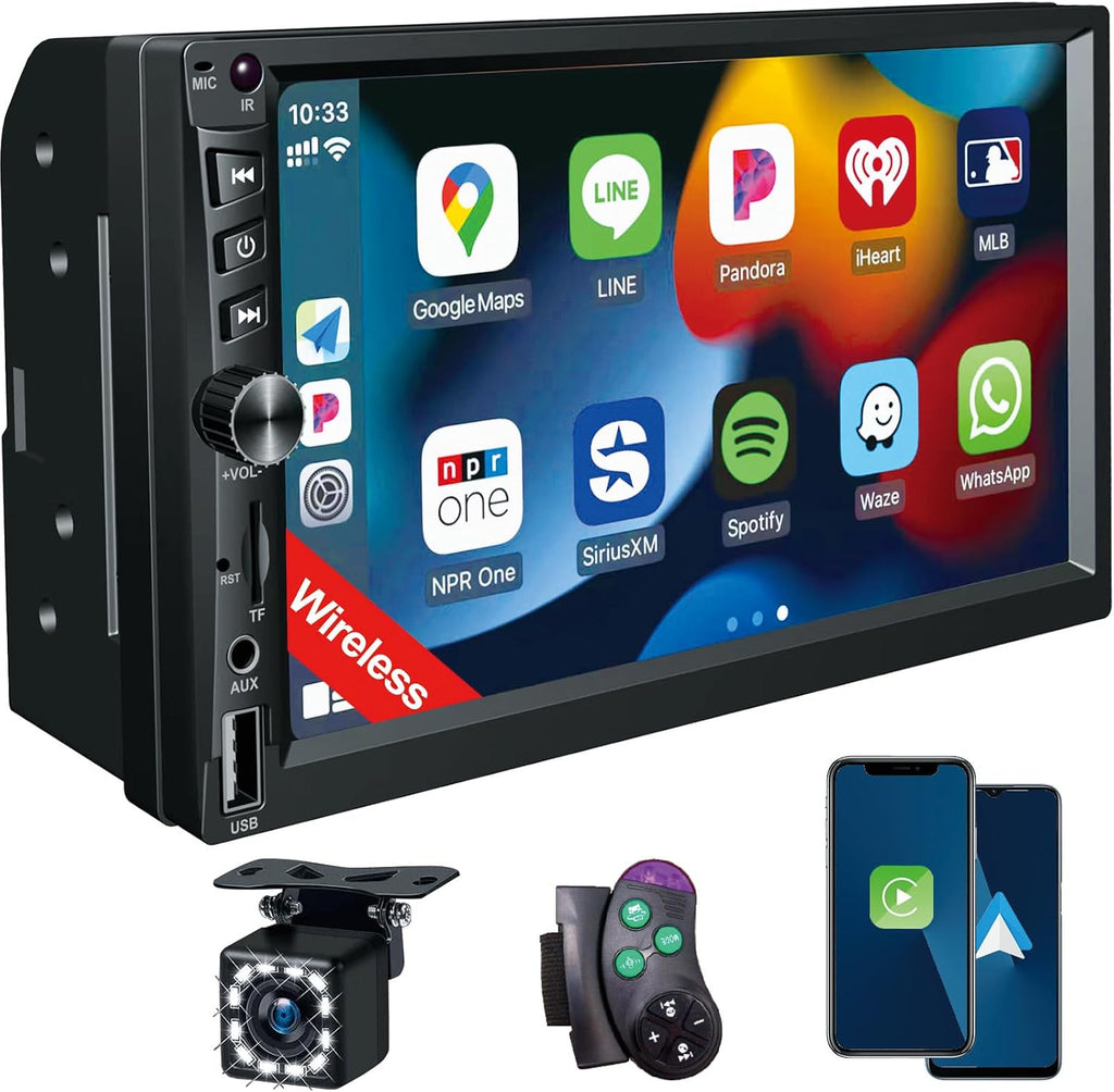 ⚠️ PRESENTA USO, NO AFECTA SU FUNCIONAMIENTO | Estéreo Doble Din Inalámbrico 7" HD – Apple CarPlay, Android Auto, GPS, Bluetooth 5.1, Cámara Reversa