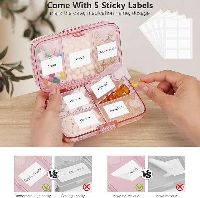 Pastillero semanal con etiquetas, 8 compartimentos, pastillero de viaje diario, hermético, a prueba de humedad, gran pastillero para contener vitaminas, aceite de pescado, suplementos, hisopos de algodón y vendajes, rosa