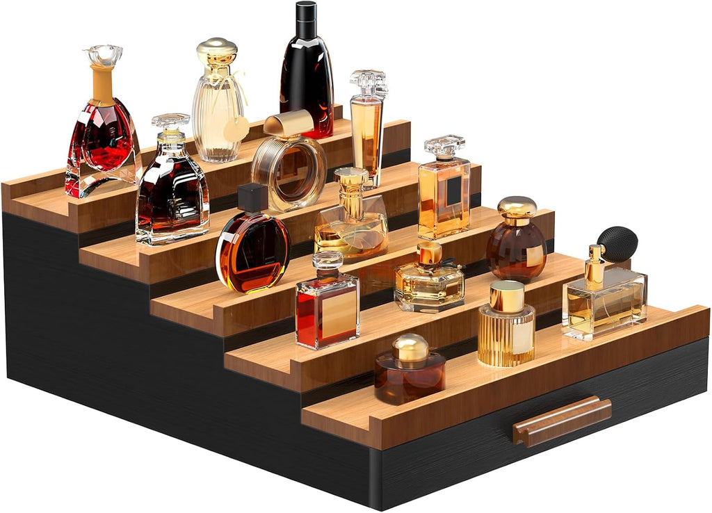 Organizador de colonias de madera Zaldia para hombre, 5 niveles, expositor de perfumes con cajón y 2 compartimentos ocultos, mayor espacio de almacenamiento, estante organizador de perfumes para hombre, regalo para hombre (5T-Nogal negro)