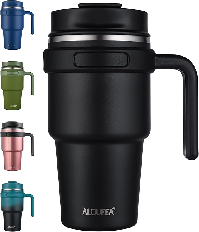 Vaso Térmico con Asa 20 oz de Acero Inoxidable – Tapa 2 en 1, Doble Pared al Vacío, Apto para Portavasos
