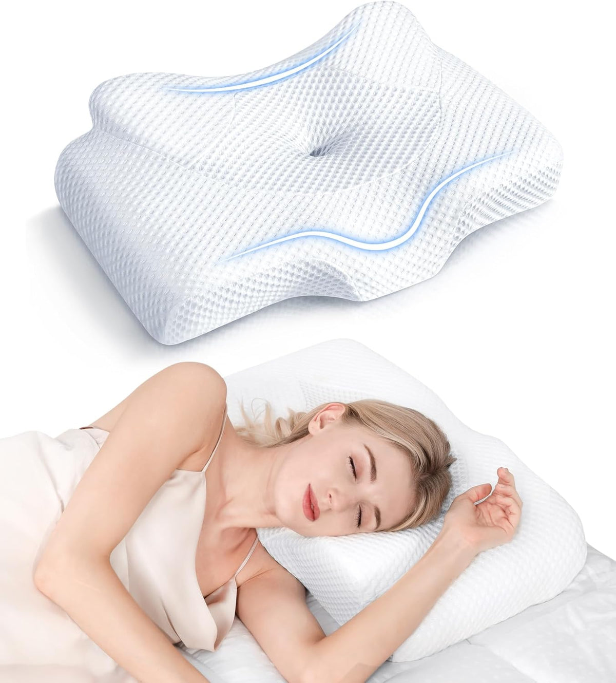 Almohada cervical osteopática para aliviar el dolor de cuello, almohadas de espuma viscoelástica inodoras con diseño hueco y funda refrescante, almohada ortopédica ajustable para dormir, soporte para quienes duermen de lado o boca arriba.